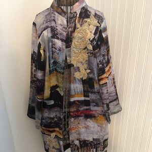 Contemporary Boho Silk Statement Earth Tone Embellished Duster